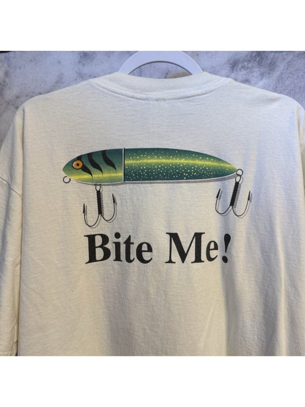 Vintage Wrangler Rugged Wear Bite Me Fishing T Shirt Mens 2XL White Y2k 90s